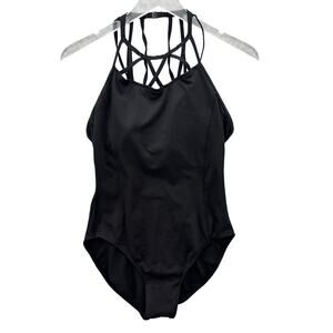 Danz N Motion Womens Strappy Dance Leotard Size Large Black Clasp Shelf Bra Cups